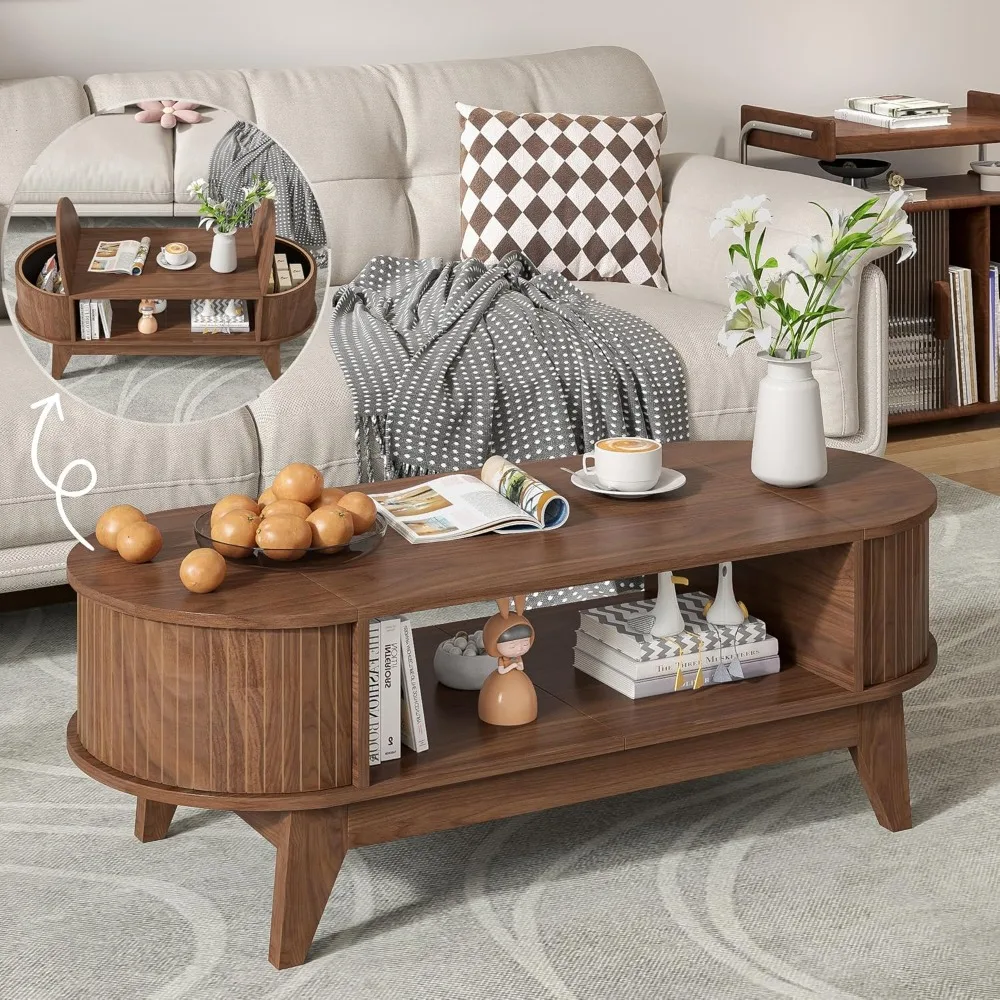 

Coffee Table with Storage,Mid Century Modern Coffee Tables with 2 Flip-Top Hidden Lids,Fluted Coffee Table,Wood Center Tables