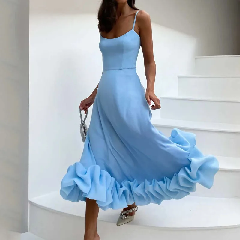 Hepburn Style New Casual Women's Fashion Elegant Long Dress 23 Summer Fashion Strap Square Neck Large Hemline Solid Color Dress