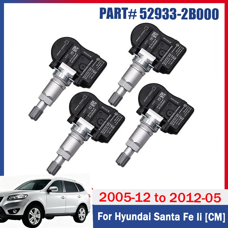 4 Stück/Lot Reifensensor 52933-2B000 für Hyundai Santa Fe II [CM] 2005-2012 TPMS 433MHZ Reifendrucküberwachungssystem