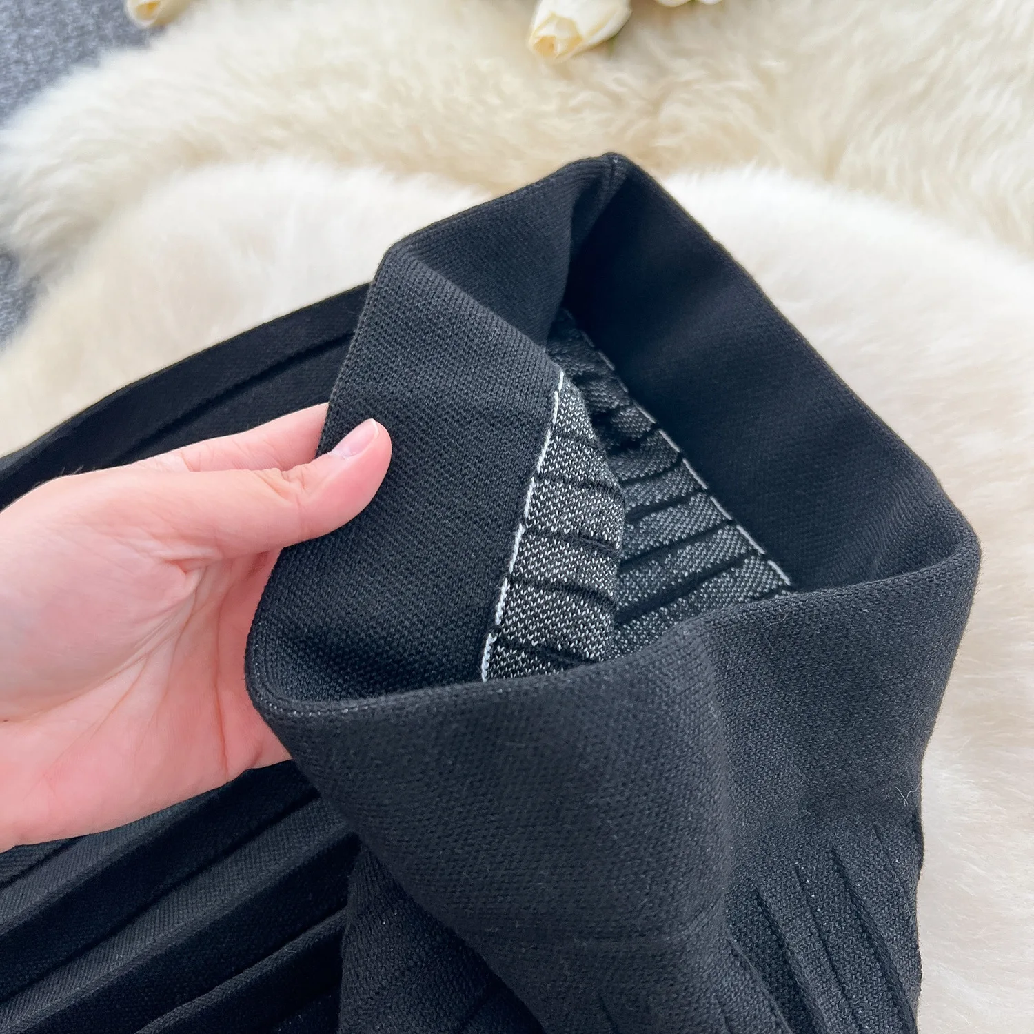 النساء الصلبة مطوي التنانير الكاحل طول التدرج تنورة محبوك خط مرونة الخصر فضفاضة تناسب أنيقة عادية 2025 ربيع الخريف #2