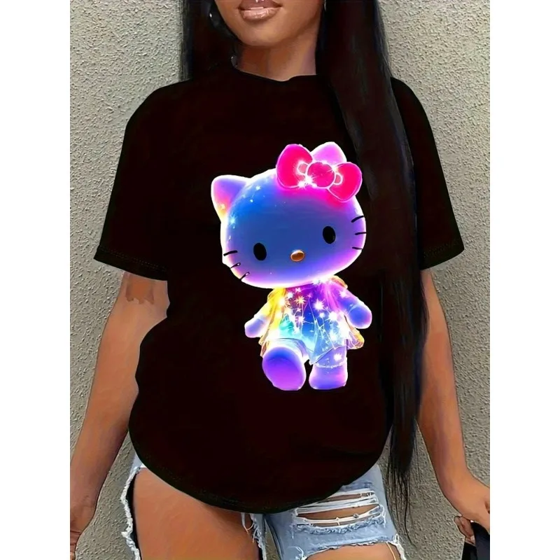 Sanrio Hello Kitty néon lueur graphique T-Shirt pour adolescents été décontracté à manches courtes T-Shirt amusant dessin animé imprimé col rond haut