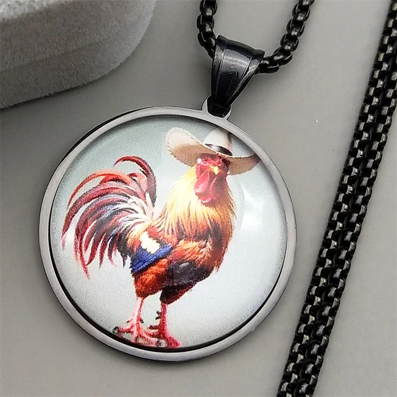 فاسق كاوبوي الديك الديك سلسلة للنساء الرجال الفولاذ المقاوم للصدأ الزجاج الحيوان الغربية مزرعة الذكور قلادة قلادة مجوهرات هدايا #3