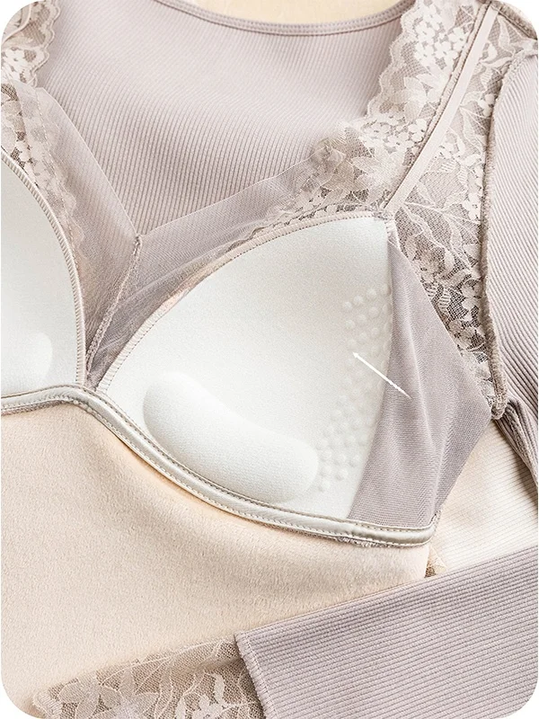 Camiseta Térmica Larga para Mujer Thiened, con Escote en V, Encaje, Ropa Interior, Otoño Invierno, Color Base, con Relleno en el Pecho