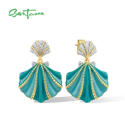 SANTUZZA Pure 925 Sterling Silver Stud Earrings For Women Sparkling White CZ Greenish Shell Trendy Party Enamel Fine Jewelry Set