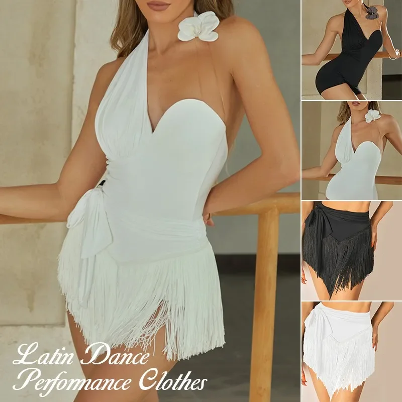 

Summer Latin Dance Dress Clothes Irregular Tops Fringe Skirt Cha Cha Rumba Dance Performance Clothes Training Suit