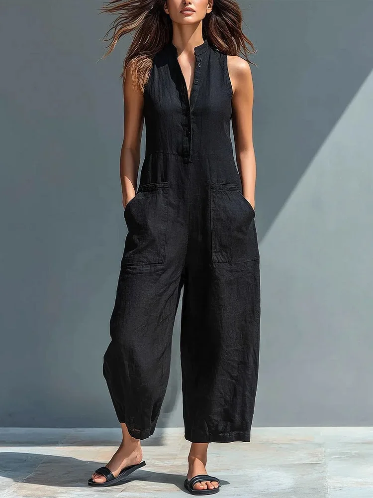 

New Fashion Casual Sleeveless Stand-up Collar Single Breasted Solid Color Slim Fit Pockets Ankle-Length Jumpsuits,5 Colors