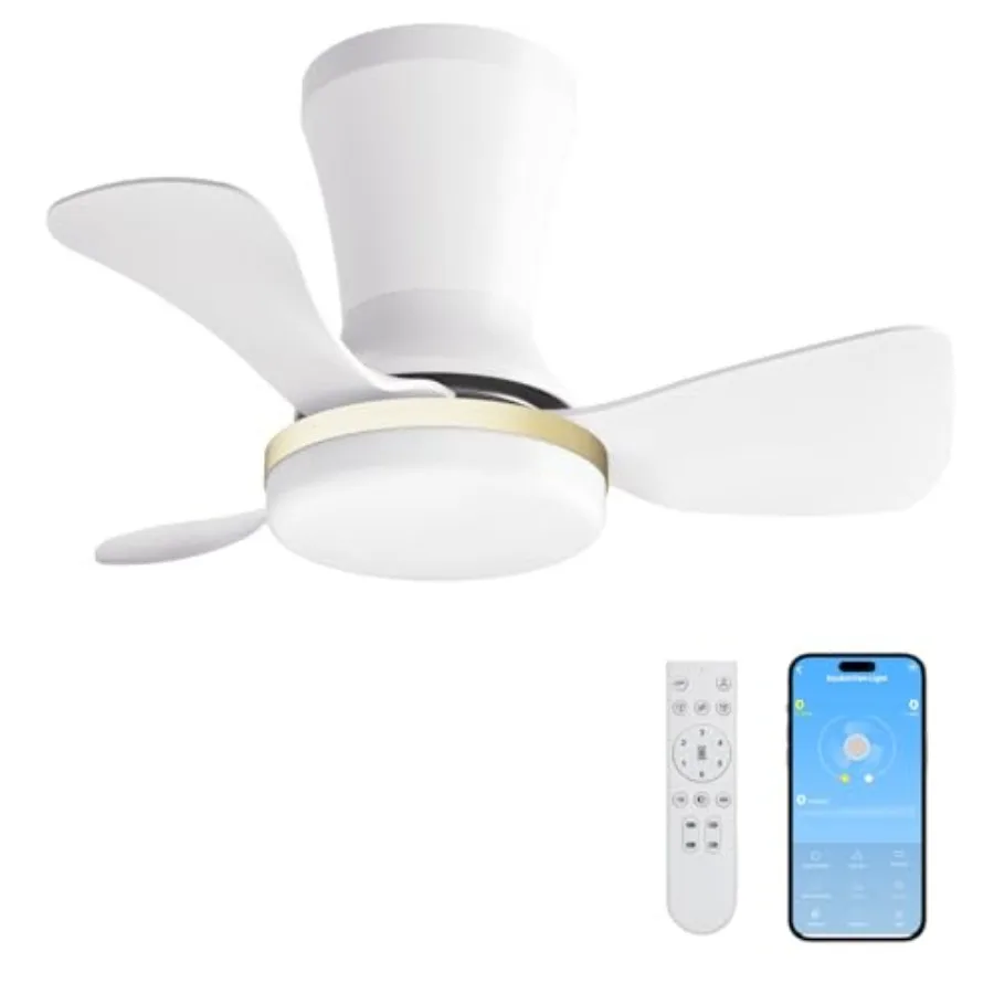 

Flush Mount Ceiling Fan with Light and Remote, Low Profile Modern Ceilg Fan, 6 Speed, Reversible, 3000k-6500k Dimmable LED, Qui