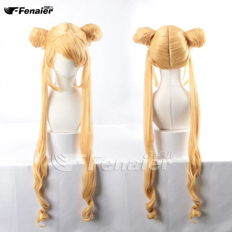 Comic Anime Sailor Moon cosplay wig Usagi Tsukino Role Play Golden color long wig with two Buns lemon yellow wig costumes