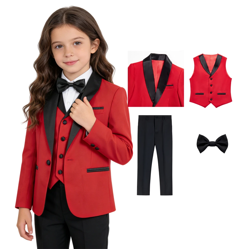 

Костюм для девочки: красный смокинг с черным атласным шалевым воротником, комплект из 3 предметов с галстуком-бабочкой, для официальных мероприятий, свадеб, вечеринок, конкурсов красоты, наряд для девочки-цветочницы