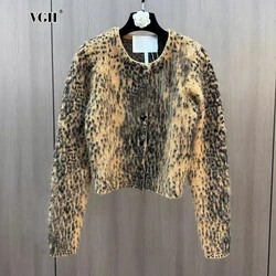 VGH Leopard Print Women Wool Coats Round Neck Long Sleeve Spliced Single Breasted Short Jackets Female Fashion Style Winter New