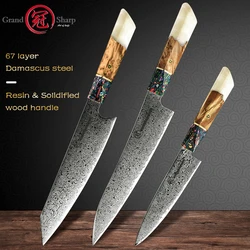 1-3 Pcs Japanese Damascus Steel Kitchen Knife Sets  AUS-10 Steel Chef Utility Kiritsuke Knives Meat Slicing Tools Grandsharp