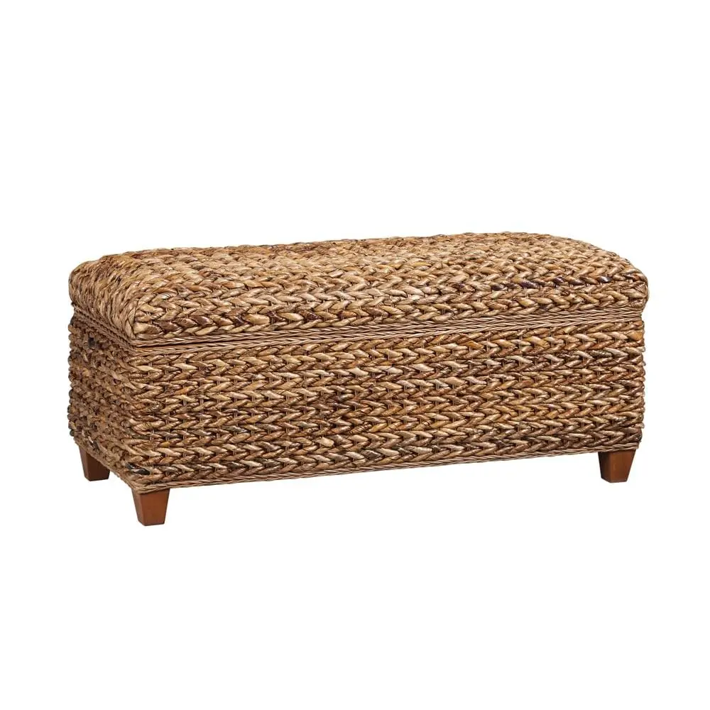 Muebles para el Hogar, Baúl de Almacenamiento Laughton de Madera con Tapa y Hojas de Plátano Tejidas a Mano, Estilo Costero, Banco con Amplio Espacio de Almacenamiento para Dormitorio