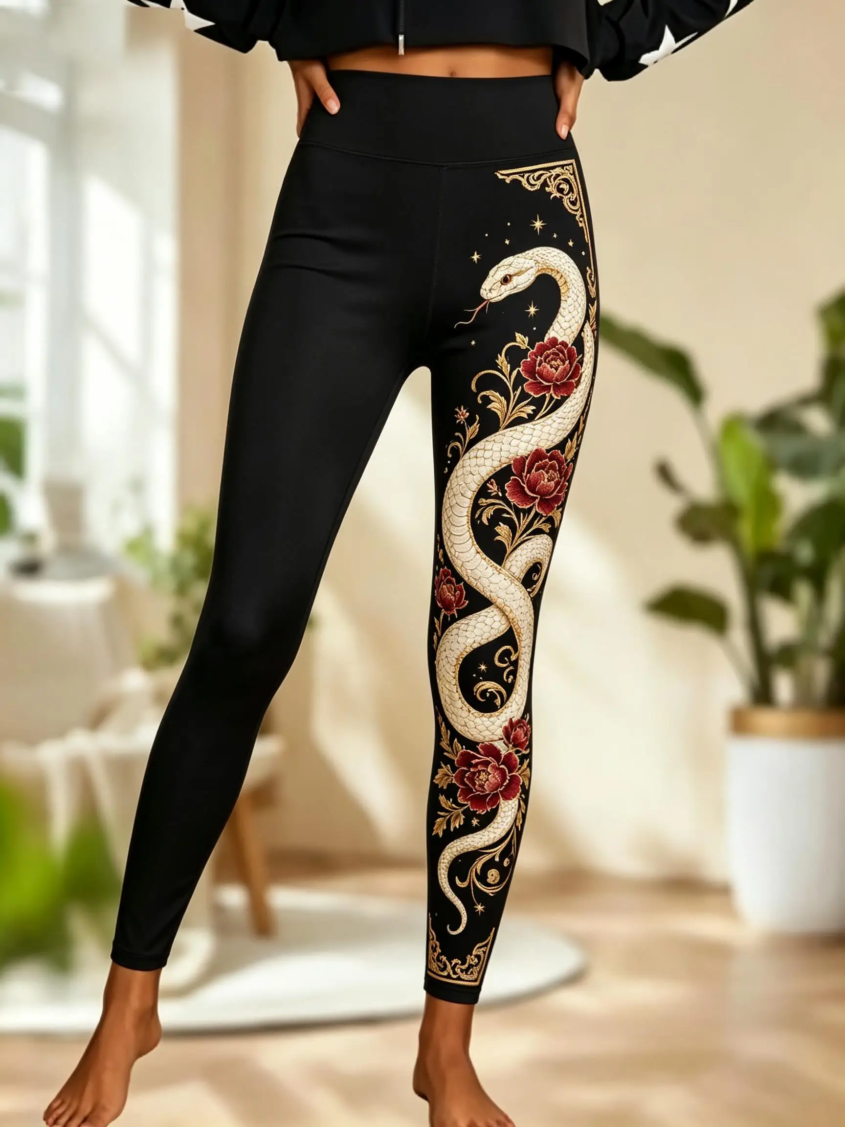Women Fleece‑lined Mid‑rise Leggings Gothic White Snake Red Rose Floral Tattoo Print Slim Stretch Winter Casual Pants