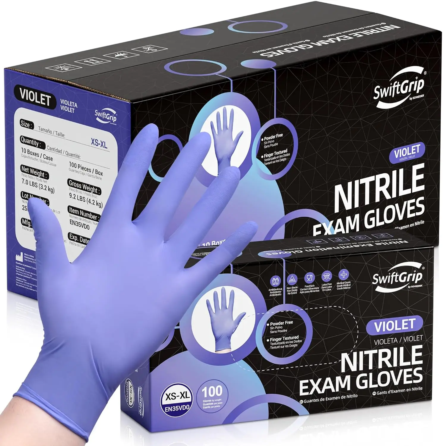 

Violet Nitrile Exam Gloves, 3-mil, XS, Case of 1000 - Latex-Free for Medical, Cleaning & Food Service