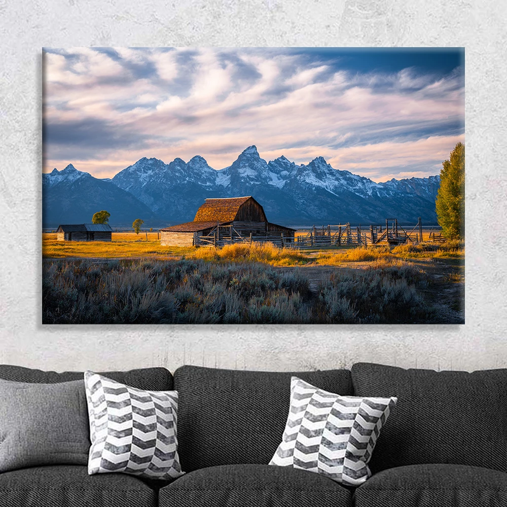 Barn Mountain Cabin Wyoming Landscape Wall Pictures Canvas Painting Country Posters and Prints for Living Room Decoration