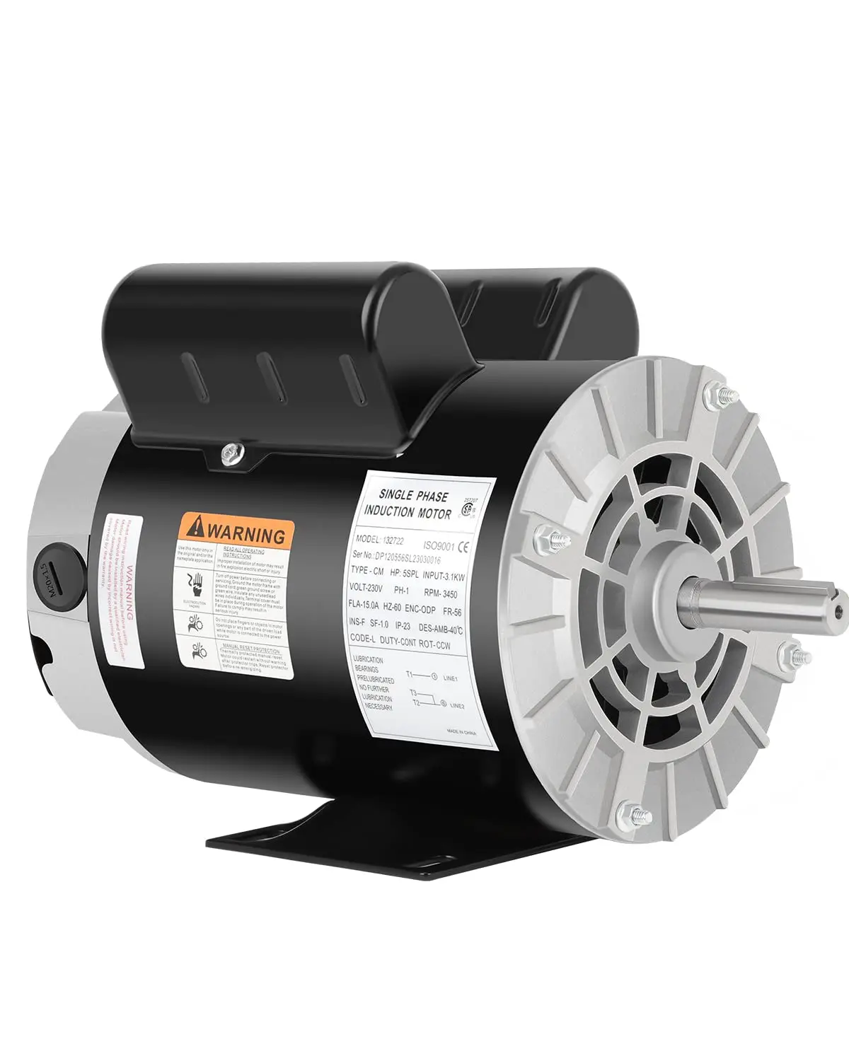 Air Compressor Motor 5 HP SPL Electric Motor 3450 RPM, 230V Single Phase Motor, 56 Frame 5/8 Keyed Shaft 60 HZ