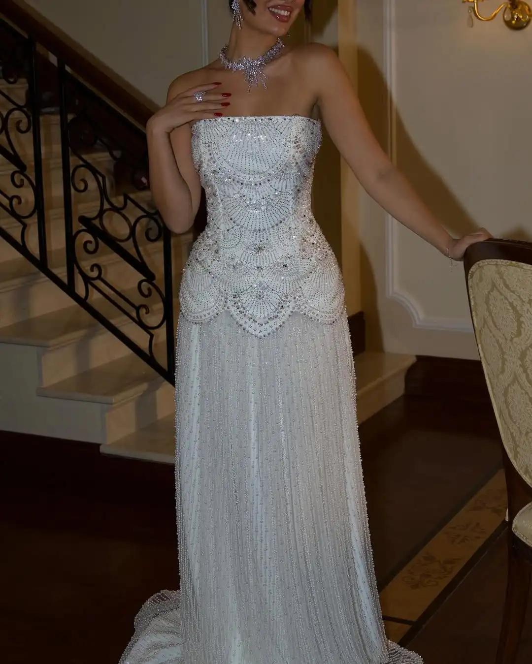 فستان سهرة فاخر بدون حمالات لامع مزين بالترتر وكشكشة مطرز بالخرز على شكل حرف A بطول الأرض فستان زفاف رسمي للحفلات #3