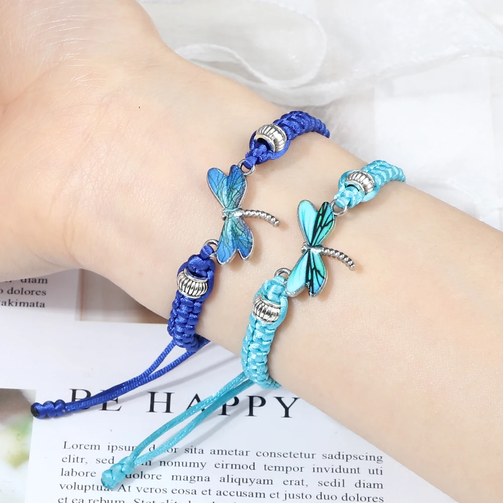 New Simple Blue Dragonfly Bracelets Lucky Braided Rope Adjustable Handmade Knot Colorful Sweet Lovely Jewelry Gift For Women Men