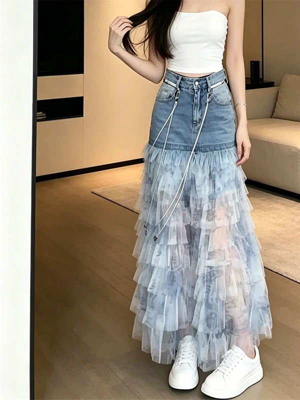 

Blue Tie Dye Denim Patchwork Cake Skirt High Waist a Line Long Dress Design Sensation Summer New Style Slimming Versatile Trendy