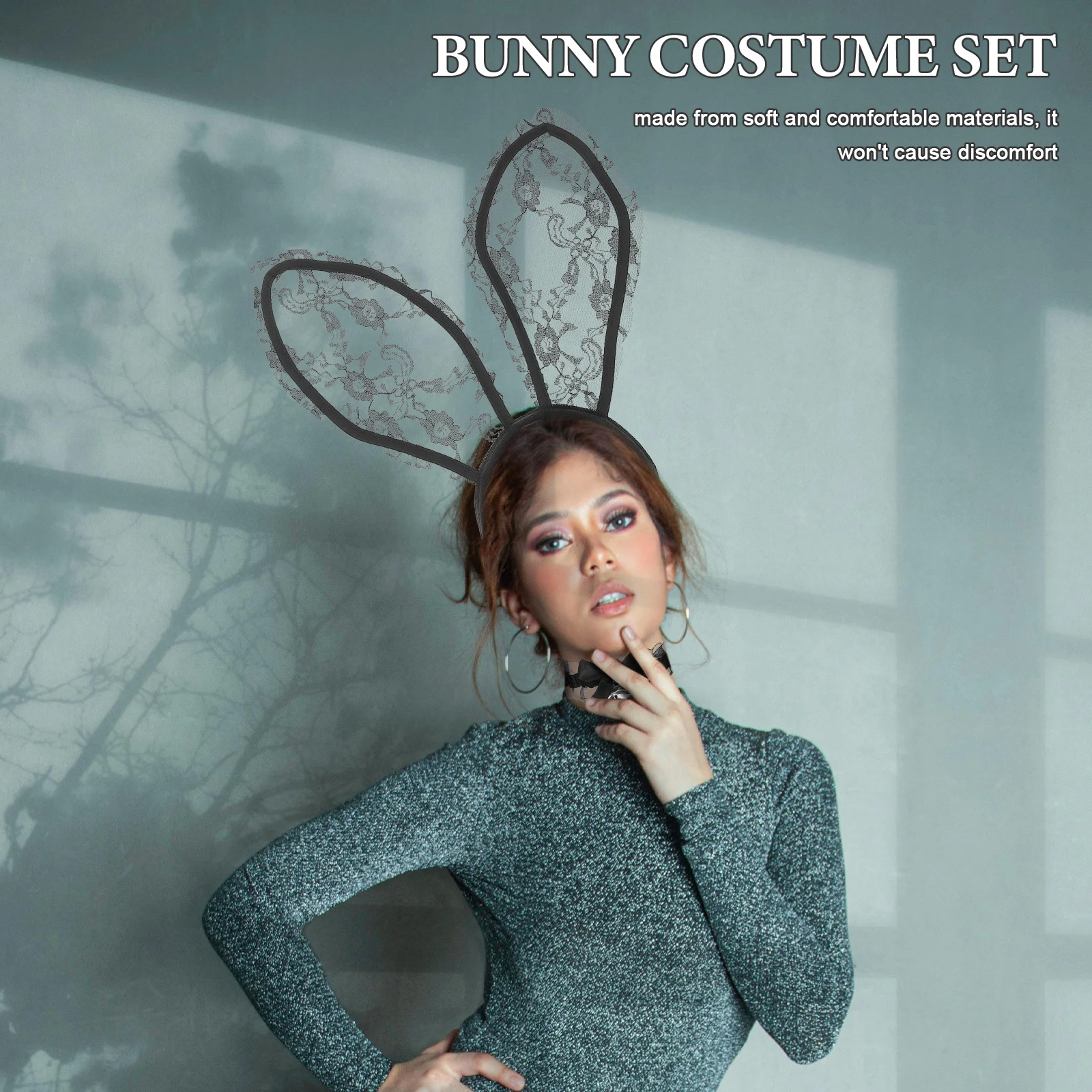 

Bunny Ears Headband Lace Black Adjustable Easter Party Halloween Cosplay Bunny Costume Set Rabbit Tail Collar Accessories Women