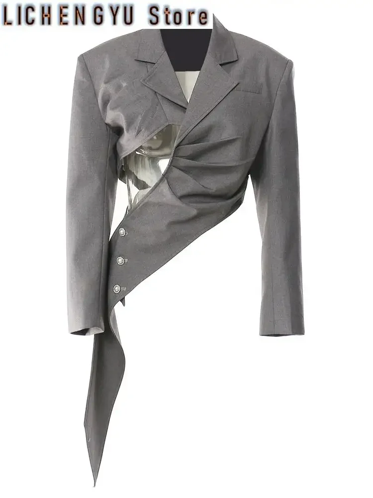Women Gray Irregular Pleated Elegant Blazer New Lapel Long Sleeve Loose Fit Jacket Fashion Tide Spring Autumn