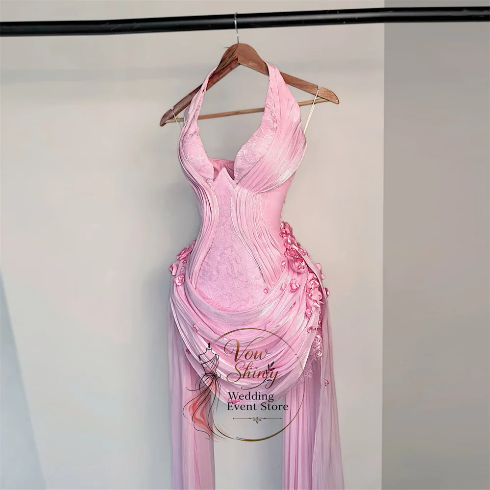 Vow Shiny Vintage Lace Mini Evening Dresses 3D Flowers Halter V Neck Pleats Mermaid Prom Gown Ruffle Party Dresses Customized ﻿