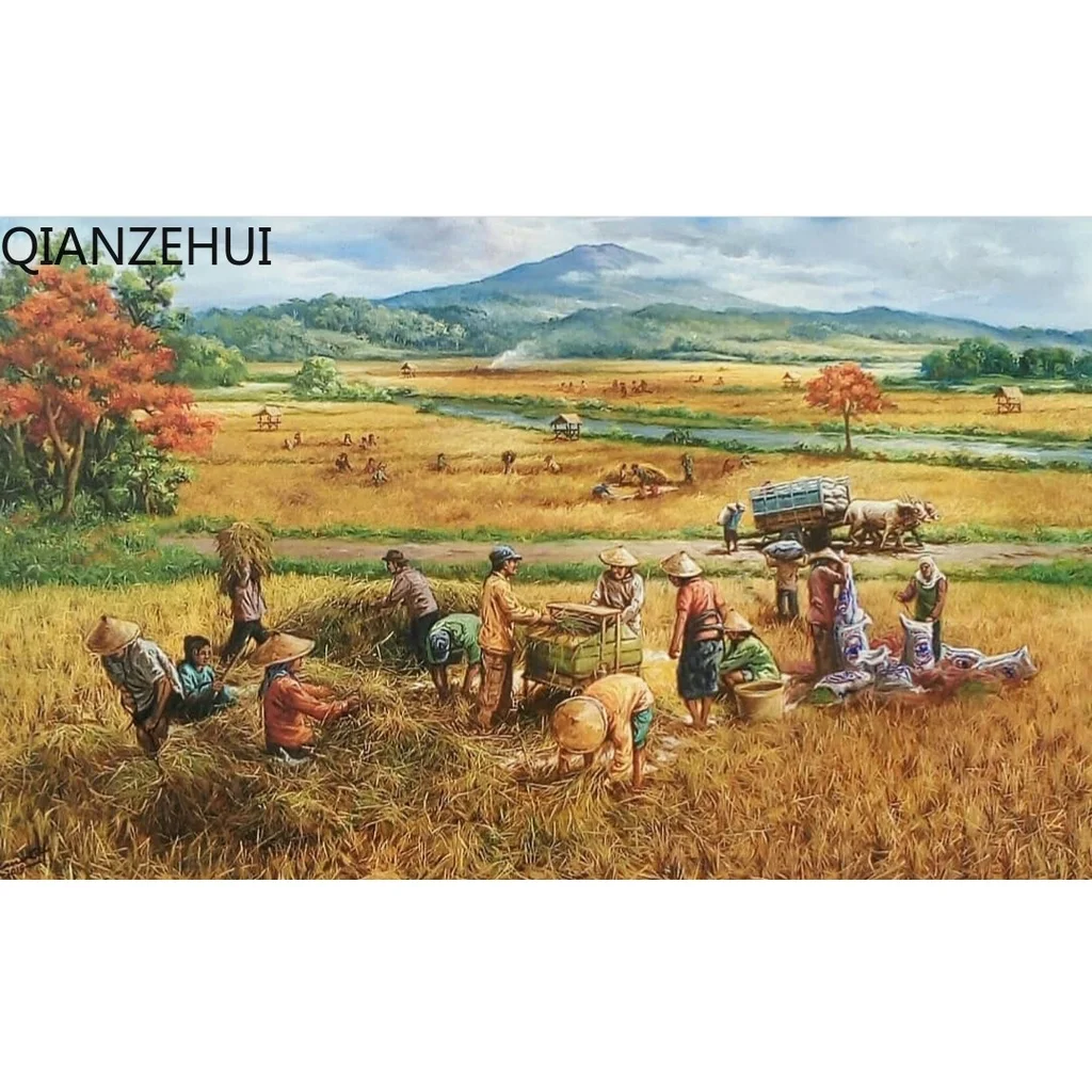 DIY full Diamond Embroidery,Round Diamond 5D Down the mountain, wheat field, good harvest decoration rhinestone Diamond painting