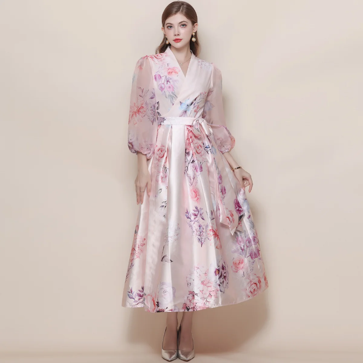 

Summer Bohemian Holiday Gorgeous Maxi Dress Women Long Puff Sleeve Cross V Neck Flower Print Bandage Lace Up Robe Long Vestidos