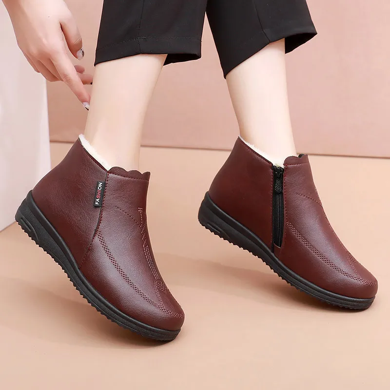 Fashion womens winter leather boots waterproof snow sneakers casual flurry female shoes comfortable ankle boots women