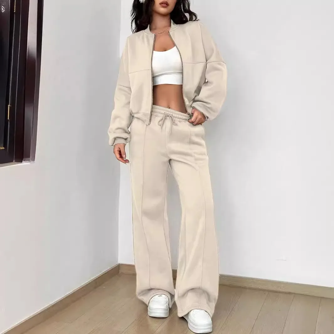 Treated Long Sleeve Set with Full Length Pants European and American Style Women Sets Autumn Vertical and Horizontal Pattern