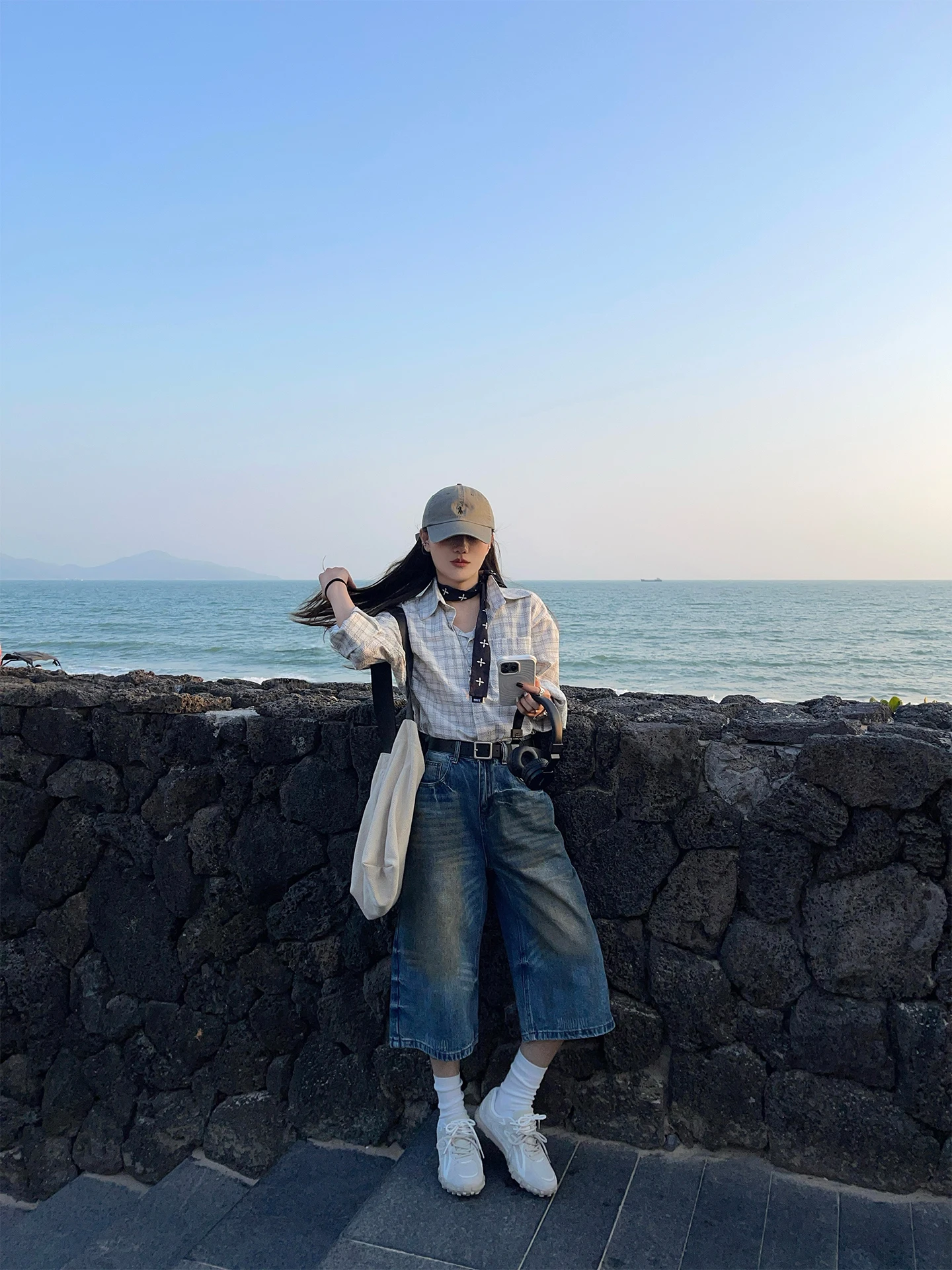 

Deep Blue Seven-Five Casual Loose Jeans orts for Men And Women Neutral Matchings Over-Knee A-Line orts