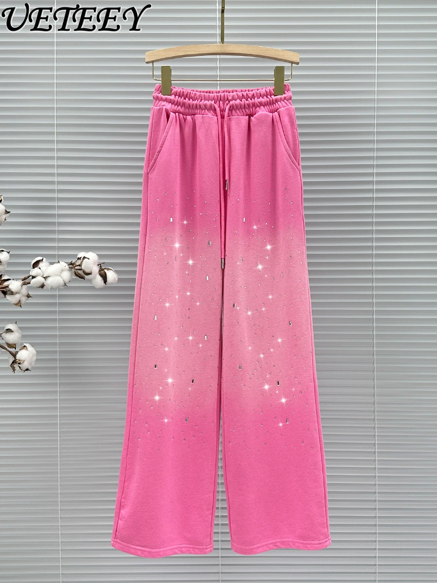 

Lace-up Wide-Leg Casual Pants Women's Trousers 2024 New Spring Summer Elastic High Waist Fashion Rhinestone Mopping Sweatpants