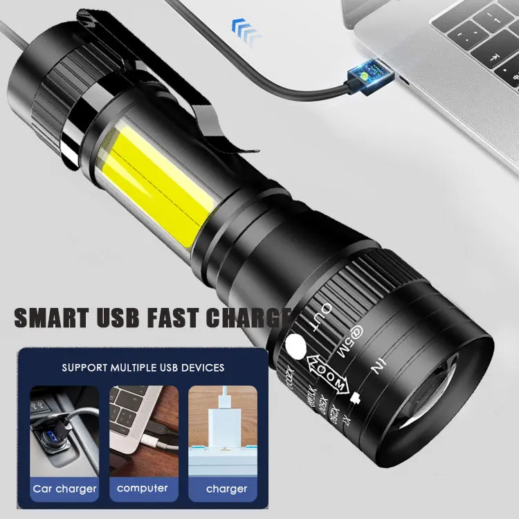 Portable USB Rechargeable LED Flashlight COB+Q5 Built-in batteryTactical Torch Flashlights 3Modes Work Light Emergency Lanterna
