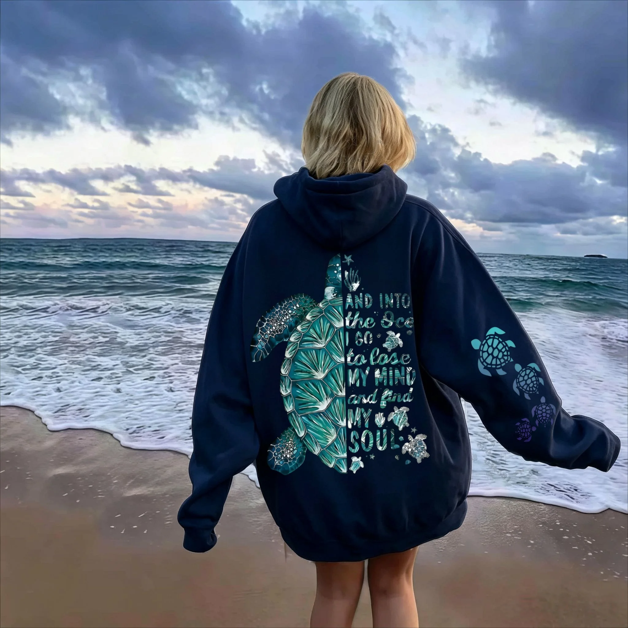 American style beach wind blue-green sea turtle back letter print hooded sweatshirt oversized loose long-sleeved casual top