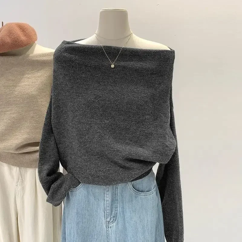 

French Lazy Style Off-Shoulder Loose Knitted Base Shirt Women's Autumn Winter Thin Slimming Shoulder Sweater No Sleeve