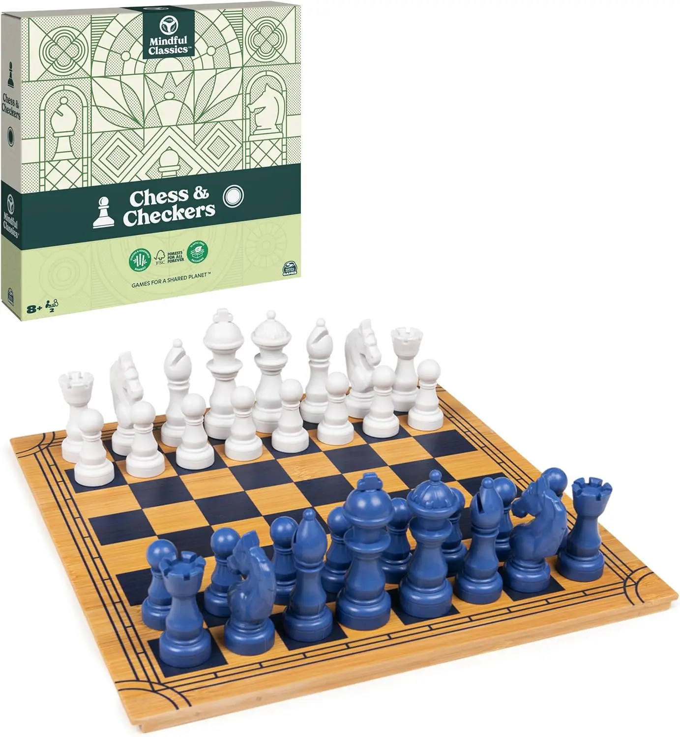 

Mindful Classics Bamboo Chess Checkers Set, Eco-Friendly Board Game for Adults & Kids Ages 8+