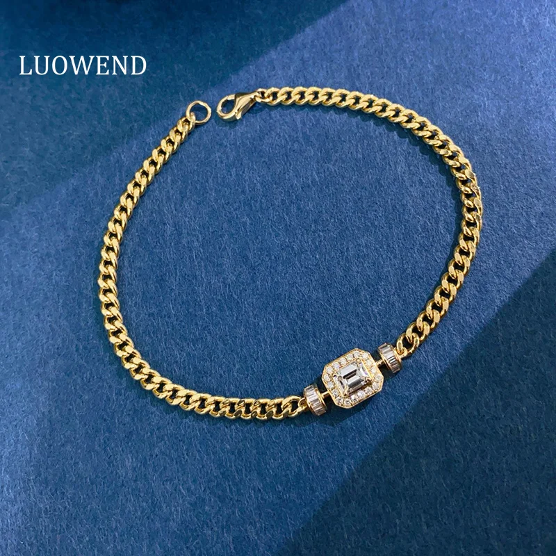 

LUOWEND 100% 18K Yellow Gold Bracelet Cuban Chain Fashion INS Style Real Natural Diamond Bracelet for Women High Wedding Jewelry