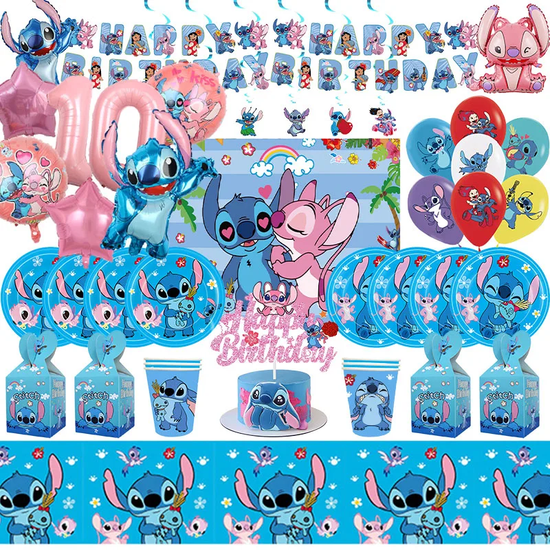 New Disney Stitch Birthday Party Decoration Stitch Angle Sky Blue Paper Napkin Cup Plate Tableware Balloons Baby Shower Supplies