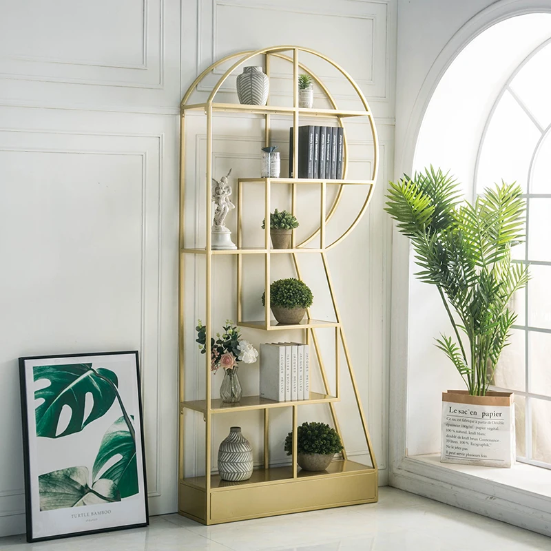 Wind Iron Shelf Floor Bookshelf Creative and Slightly Luxury Artistic Living Room Partition Curio Cabinet Ins Display Stand