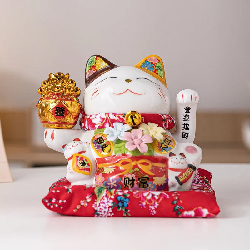 7-Zoll-Keramik-Glückskatze-Ornament, Blume, Glückskatze, Maneki-Neko-Statue, winkende Hand, wenige