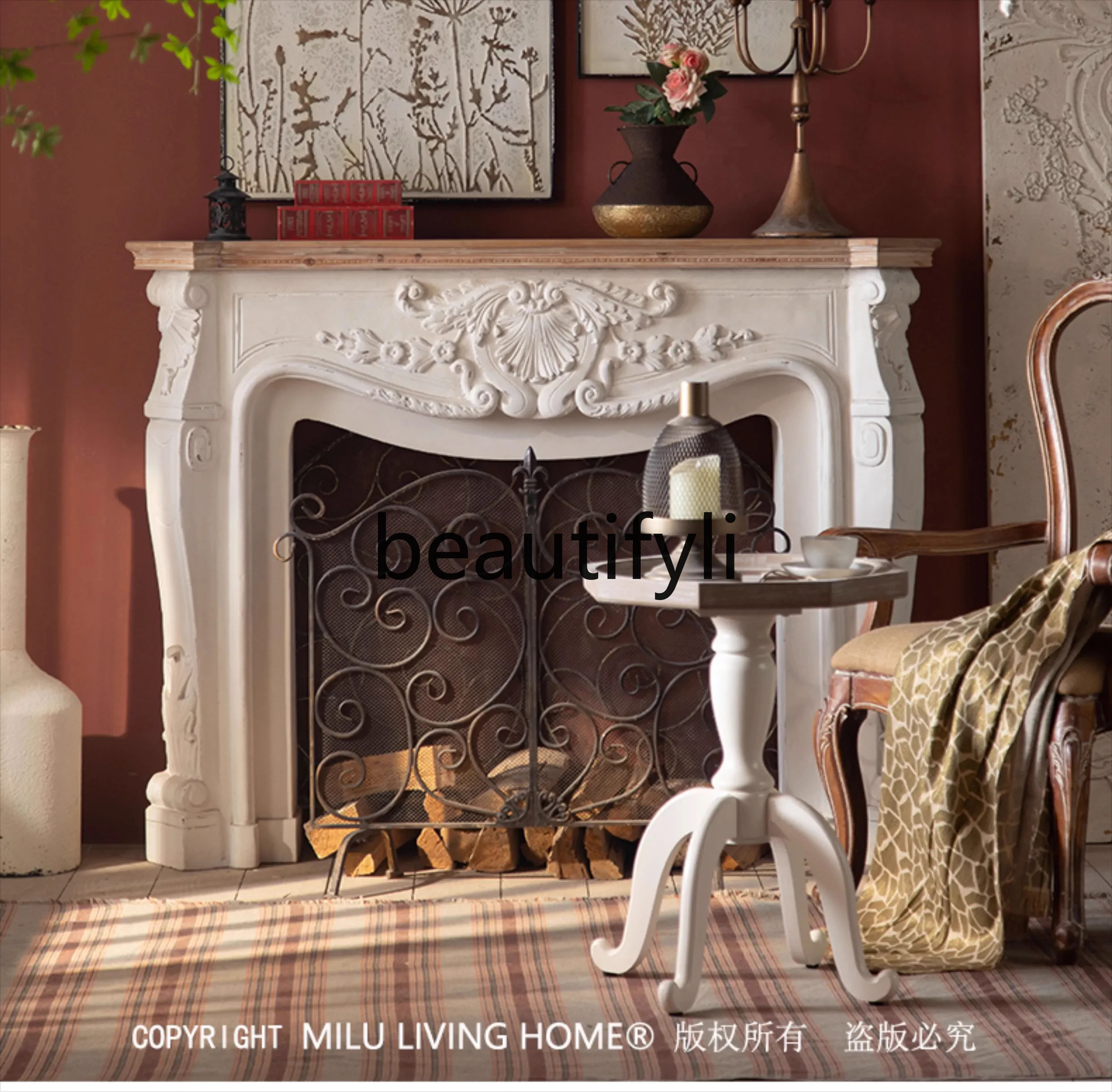 Vintage French court simulation fireplace Solid wood old carved Xuanguantai aisle fireplace