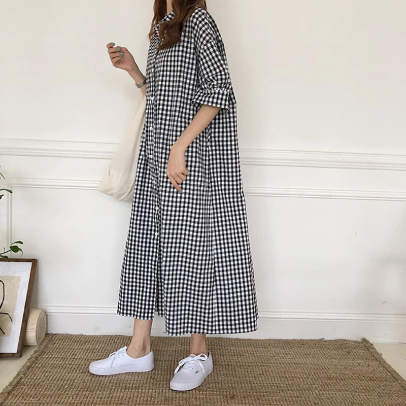 Johnature Summer New Casual Plaid Dress For Women 2024 Korean Loose Turn-down Collar Single-breasted Half Sleeve Female Dresses