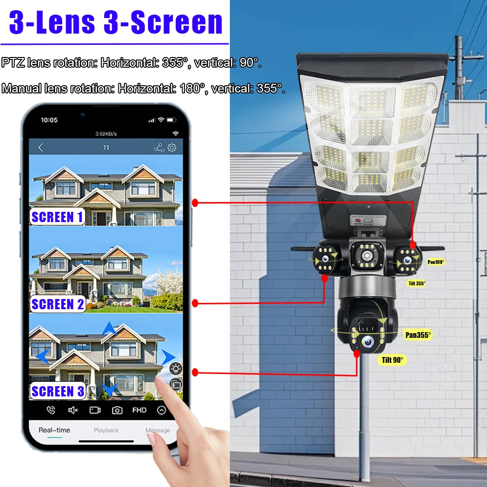 مستشعر الكاميرا الشمسية ضوء الشارع LED 3 أوضاع إضاءة ثلاثة عدسة 4G 15MP كاميرات المراقبة الخارجية IP66 مقاوم للماء التحكم عن بعد