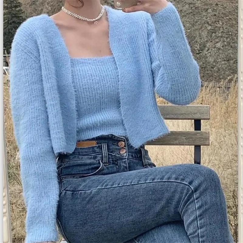 Women Korea Spring Long Sleeve Cropped Knitted Sweater  and Vest Set Sueters De Mujer Vetement Femme 2022