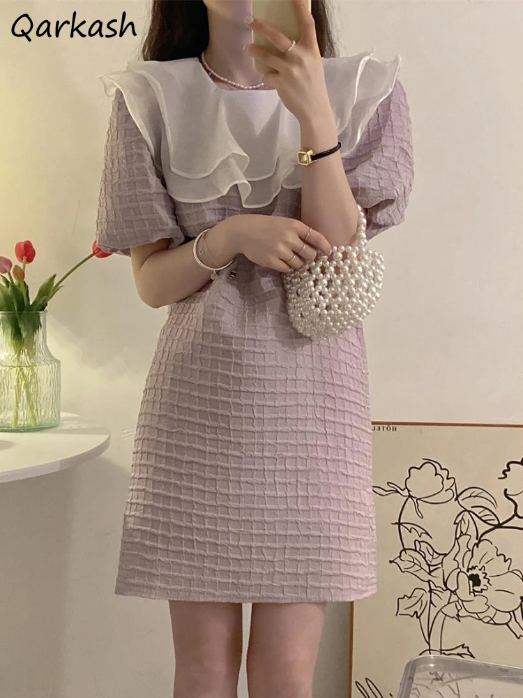 

Summer Dress Mini Women Ruffles Pretty Puff Sleeve Folds Straight Gentle Design Aesthetic Charming Dating Vestidos Lady Elegant