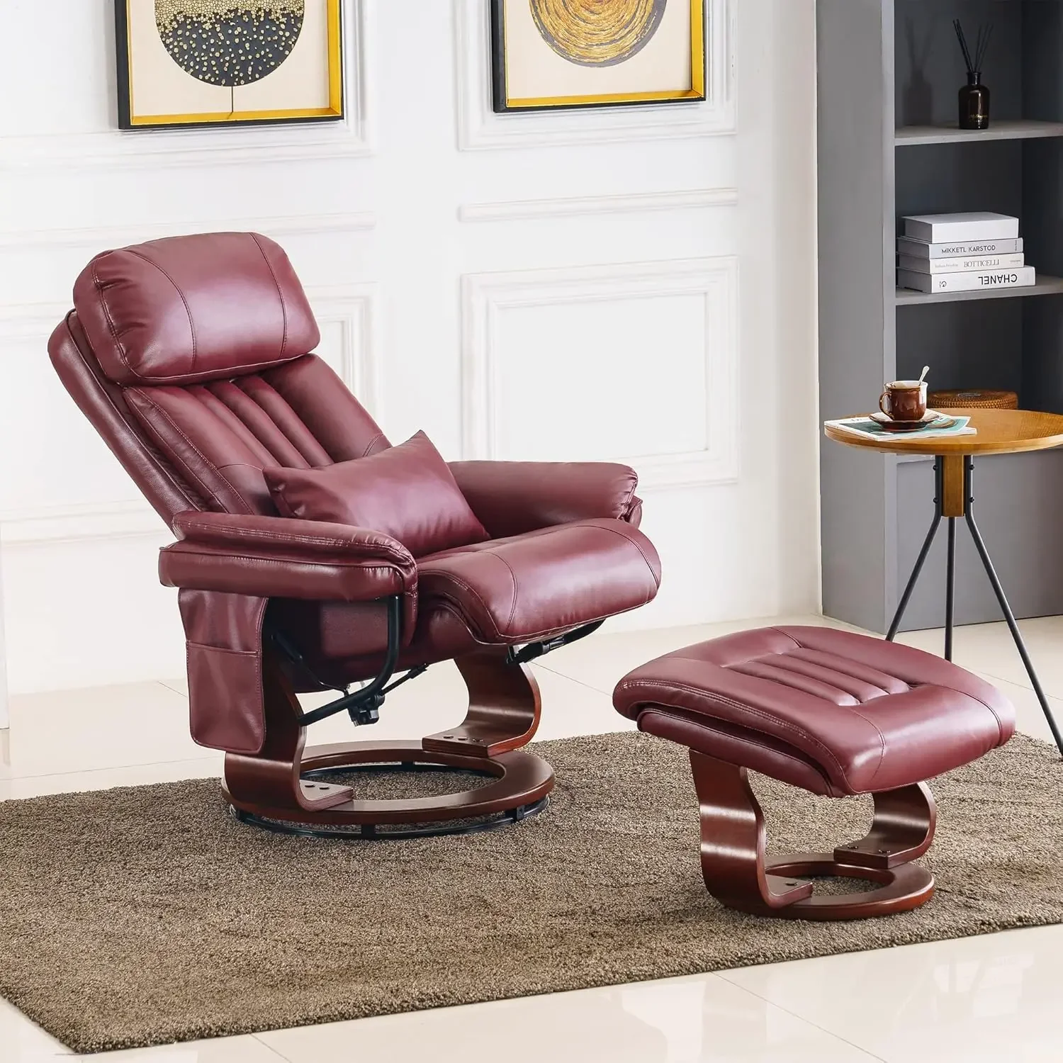 Reclining Chairs with Ottoman, 360 Degrees Swivel Recliners with Massage, Faux Leather Ergonomic Lounge Chairs for Living Room