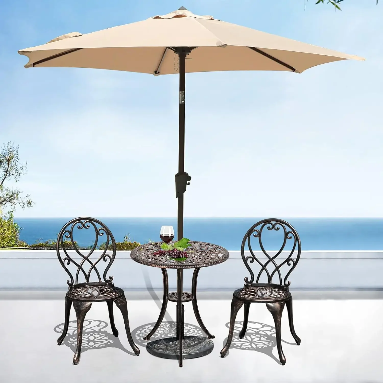 

3 Piece Outdoor Bistro Set, All Weather Cast Aluminum Patio Dining Retro Table and Chairs with 2’’ Umbrella Hole, Bronze