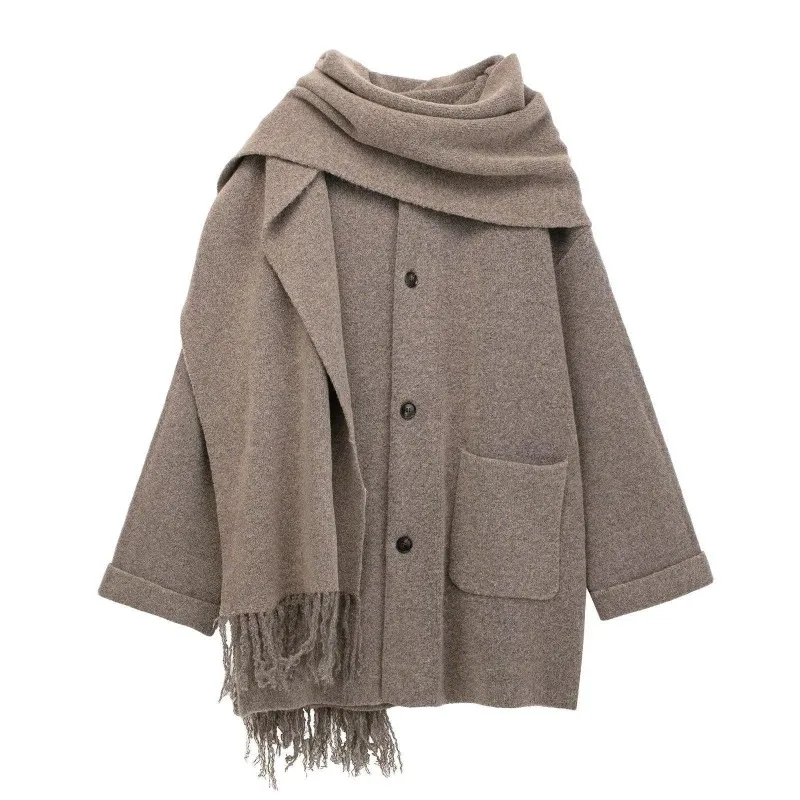 

Осенне-зимняя новая женская одежда в европейском и американском стиле, теплое короткое вязаное пальто с шарфом