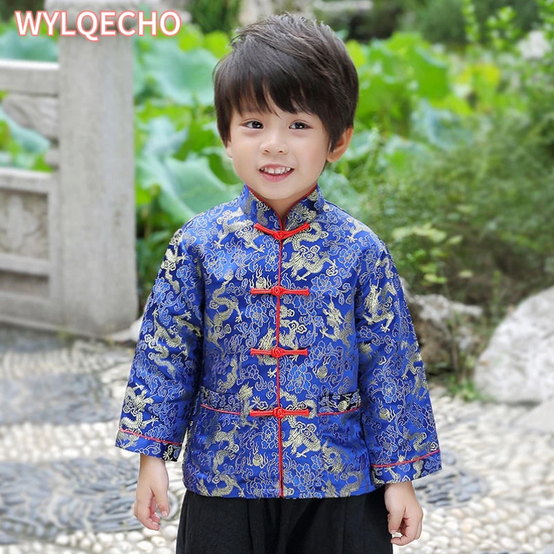 

Chinese New Year Clothes for Kids Spring Costumes Baby Boys Tang Suit Clothes Satin Coat Dragon Printing Tops Pants Wushu Set