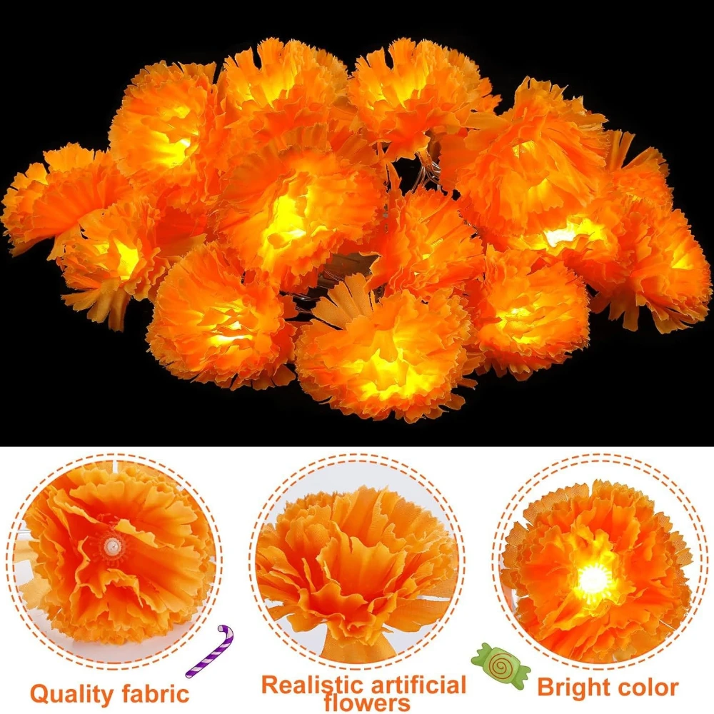 3M Mexican Marigold Artificial Flowers Day of The Dead DIY Home Outdoor Decor Halloween Diwali Party 1.5m Garland String Lights